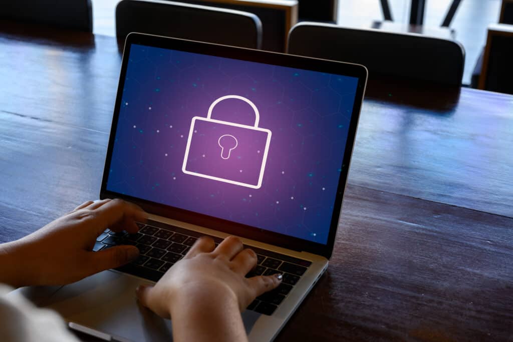 Laptop,Computer,With,Data,Protection,,Cyber,Security,,Information,Safety