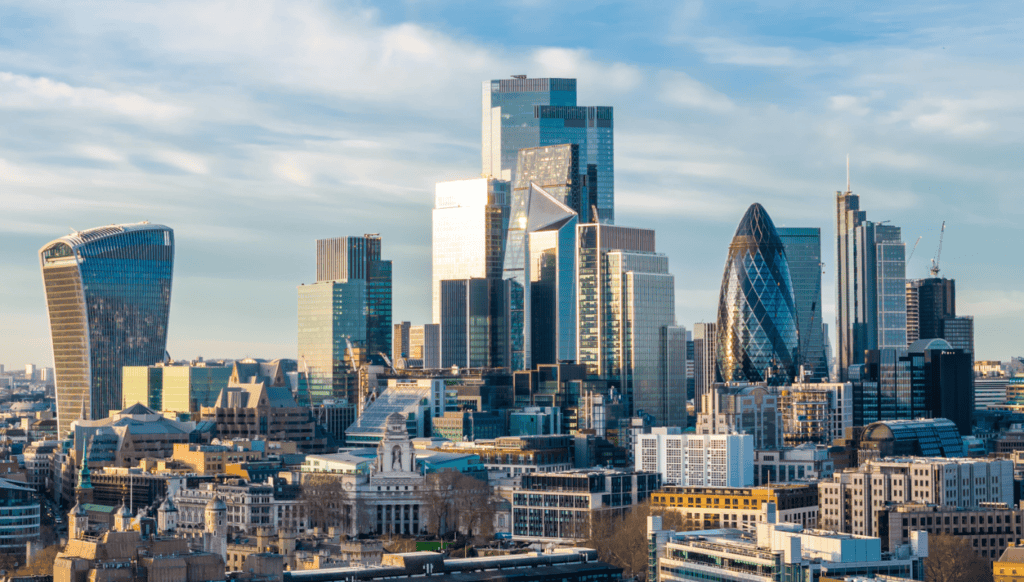 London city skyline with iconic skyscrapers and commercial buildings.
